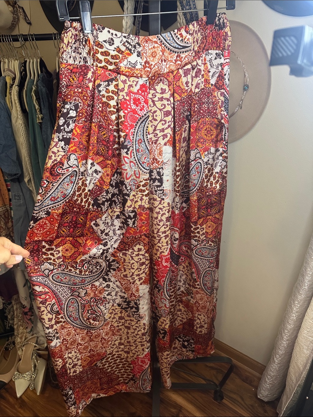 Mystree Boho Patchwork Paisley Maxi Skirt in Red, Brown and Cream